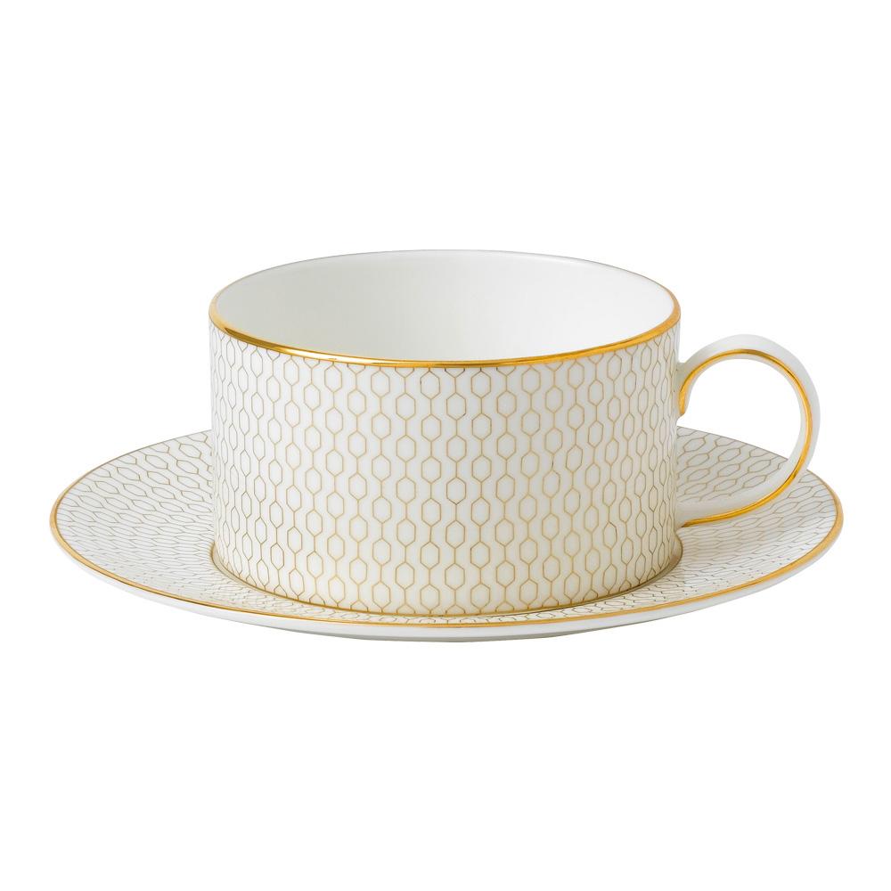 Wedgwood Taza de Té con Plato 180 ml Arris-Gio Gold Bone China - Juego de 2 Piezas