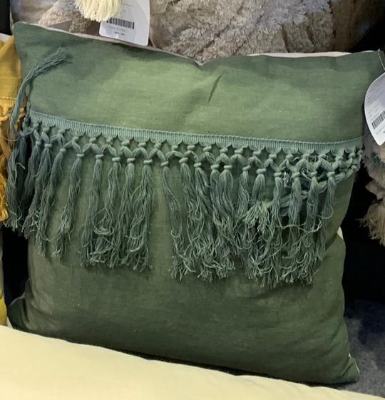 DKD Home Decor Cojín Decorativo Boho Verde de Algodón Reciclado con Funda de Poliéster, Flecos y Cremallera - L15xAn45xAl45cm