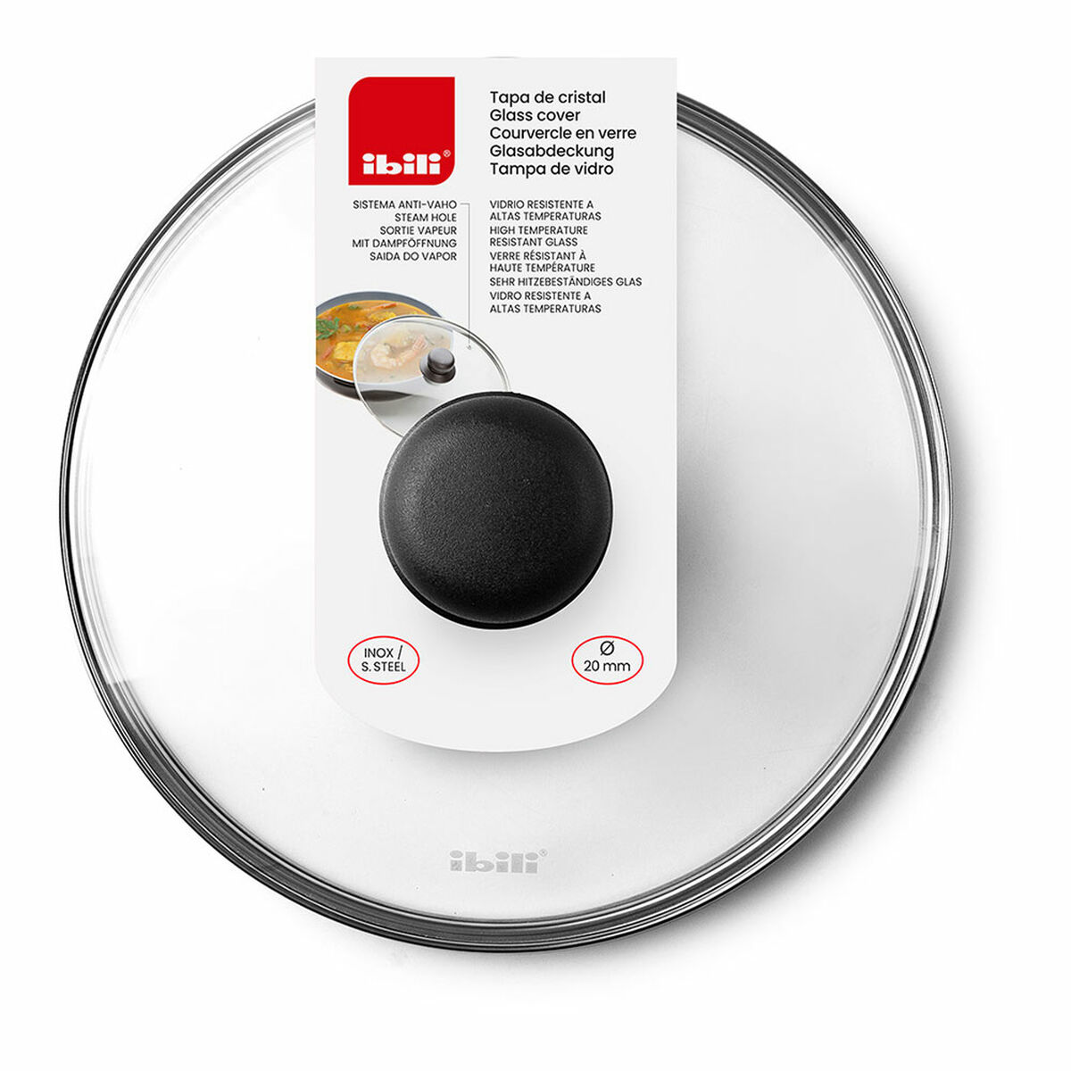 Ibili Tapa de cristal con pomo baquelita, 16 cm