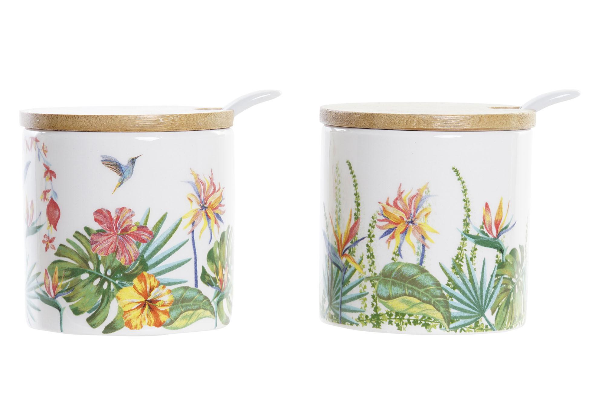 DKD Home Decor Azucarero Tropical de Dolomite y Bambú Multicolor 7.5 cm (4 Unidades) Apto Microondas y Lavavajillas