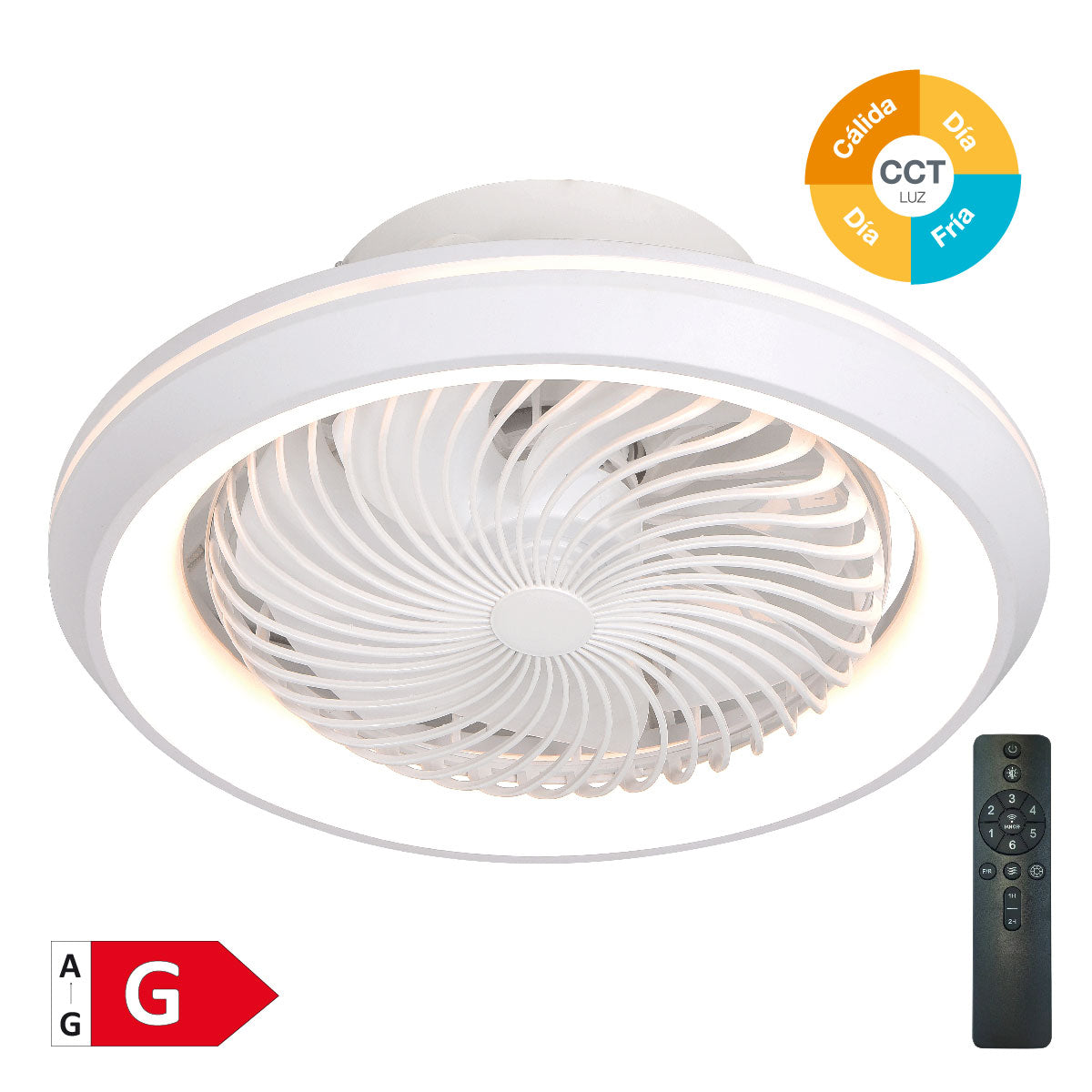 GSC Bhoor Ventilador plafón rotativo con luz CCT regulable y mando Ø50 7 aspas DC Blanco 300005080