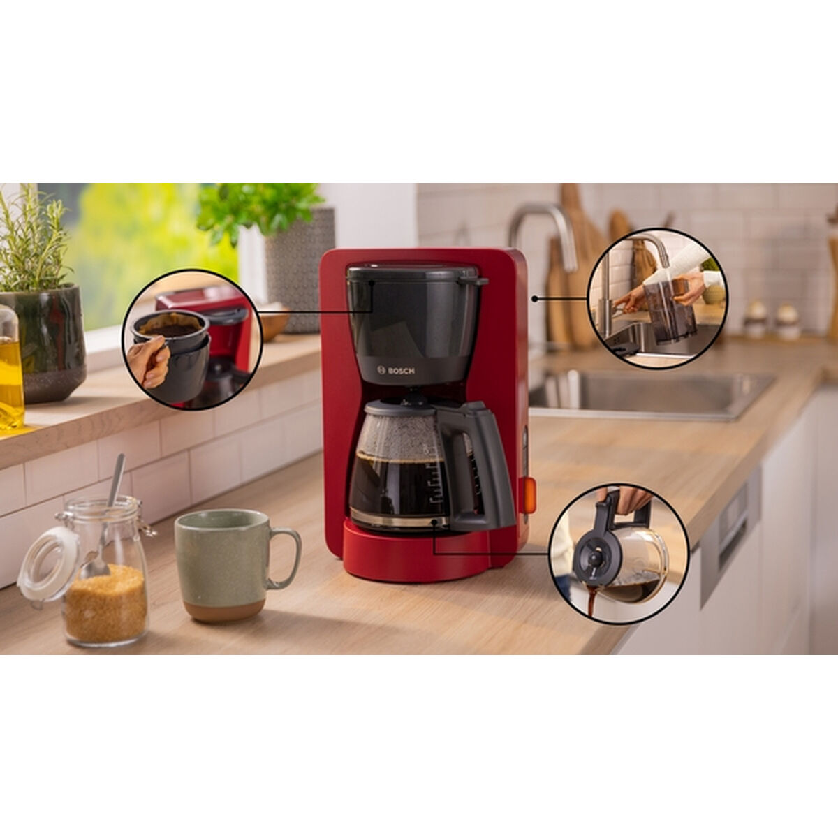 Bosch TKA 3M134 Cafetera de filtro de 1.4L para café molido, capacidad 15 tazas, 1200W, color rojo