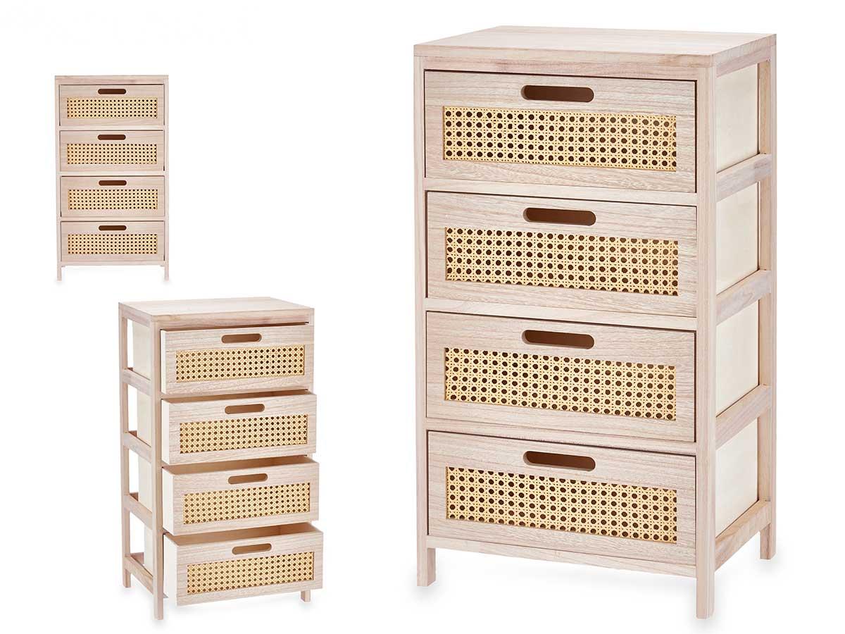 Giftdecor Cajonera de Rattan 4 Cajones Ancha, Madera y Plástico, 40x70x29 cm