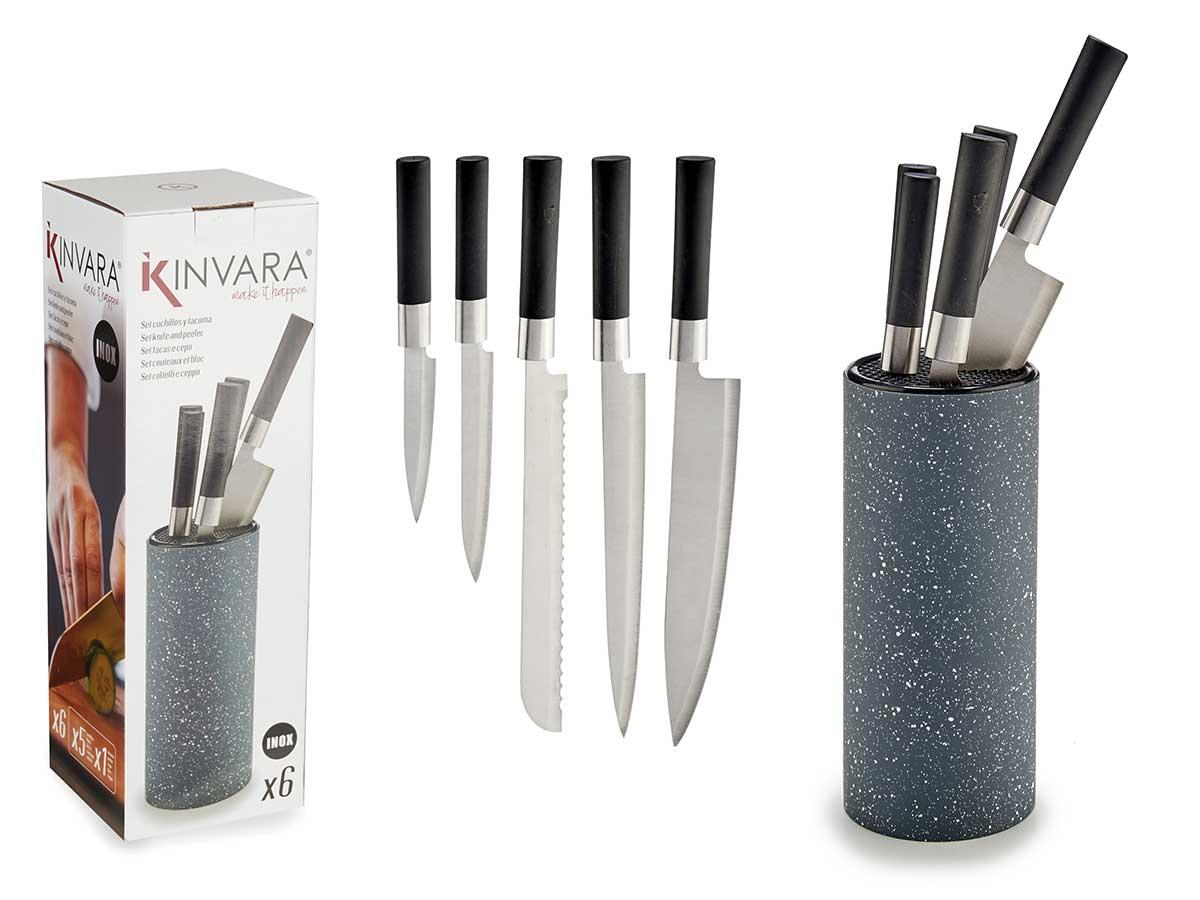 Kinvara Tacoma: Juego Completo de 5 Cuchillos de Cocina de Acero Inoxidable con Mango Negro, Bloque Organizador Gris 11.5x36x11.5 cm (6 Unidades)
