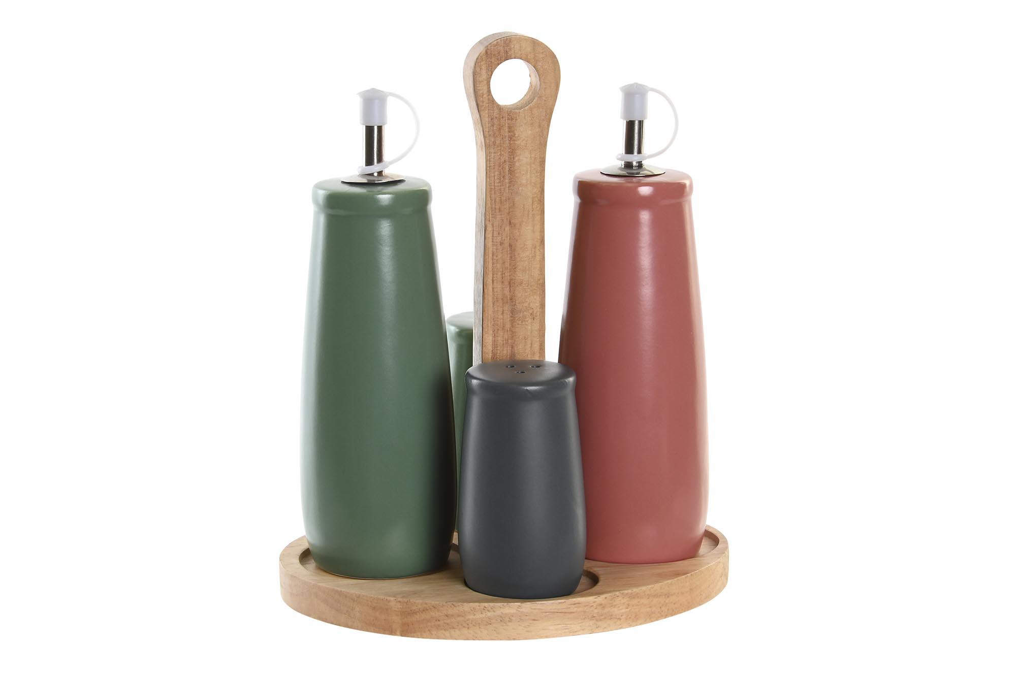 DKD Home Decor Aceitera Vinagrera Scandi Set 4 Piezas Gres y Madera Verde Rosa Blanco Natural Apto Lavavajillas 16x22.5x19cm