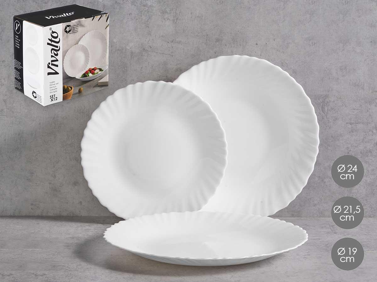 Vivalto Vajilla 12 Piezas Redonda Clásica Opal Blanco, 4x24 cm + 4x21.5 cm + 4x19 cm (2 Unidades)