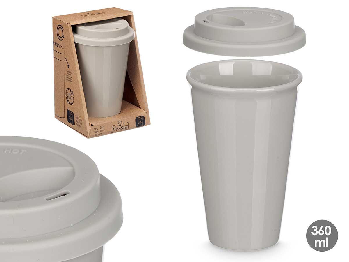 Vessia Vaso con Tapa de Silicona Gris 360 ml, Porcelana, 9.8x15x9.8 cm (12 Unidades)