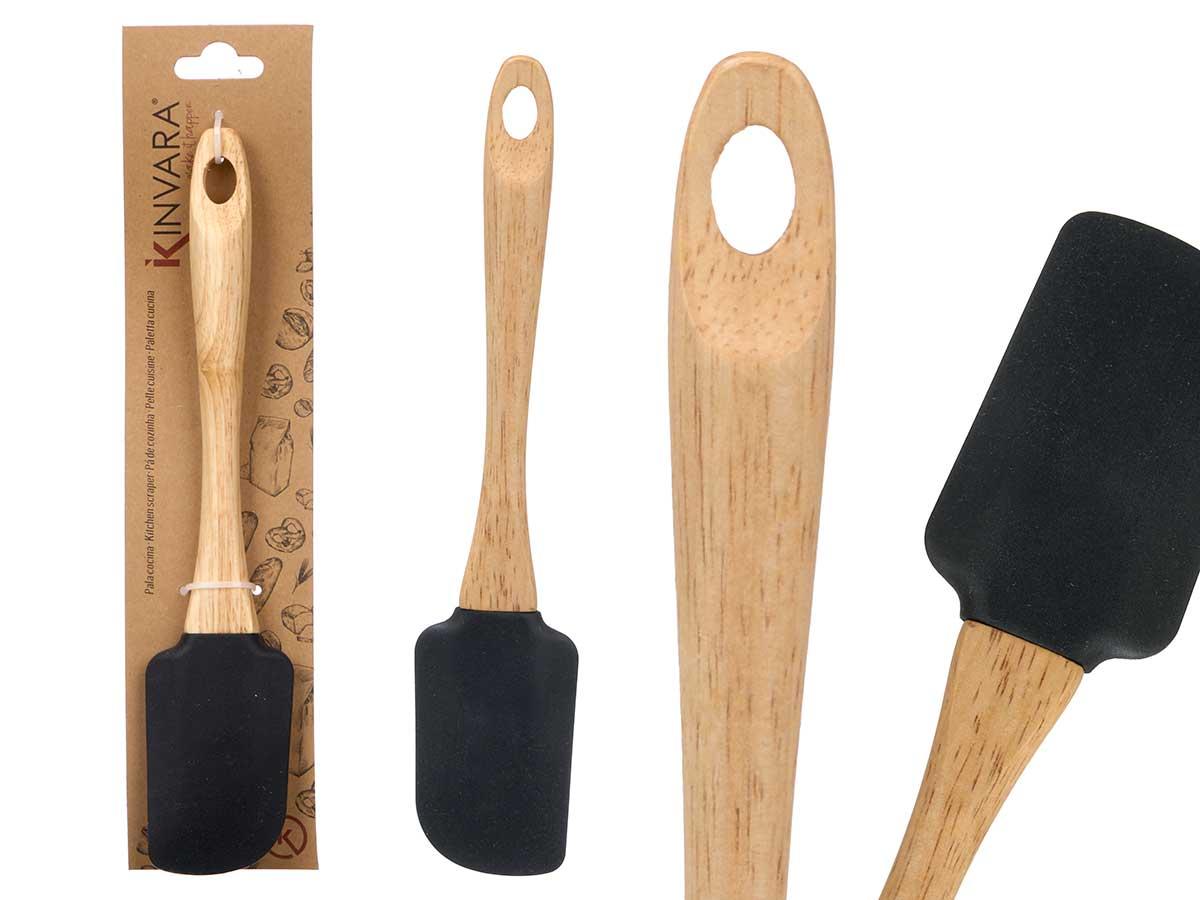 Kinvara Pala de Silicona Negra con Mango de Madera 25 cm - Utensilio de Cocina 5,2x1,5x25,5 cm (24 Unidades)