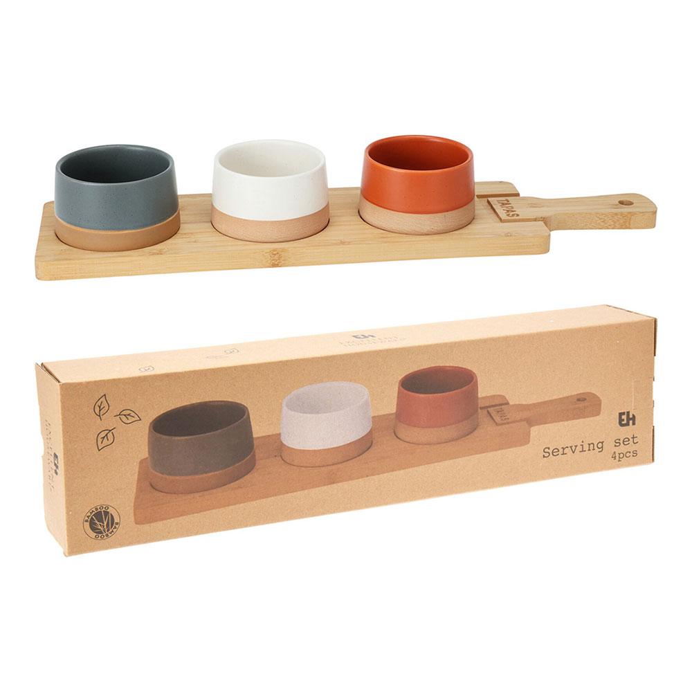 Excellent Houseware Set aperitivos 3 boles cerámica + tabla bambú 210000970 - Boles 9,5x4,5cm, Tabla 48x12x1,5cm