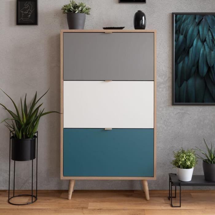 Finori Zapatero Cuba 18 pares - Roble Sonoma y Gris Claro con Pies de Madera Maciza - Diseño Moderno Escandinavo - L 70 x P 24 x H 127 cm