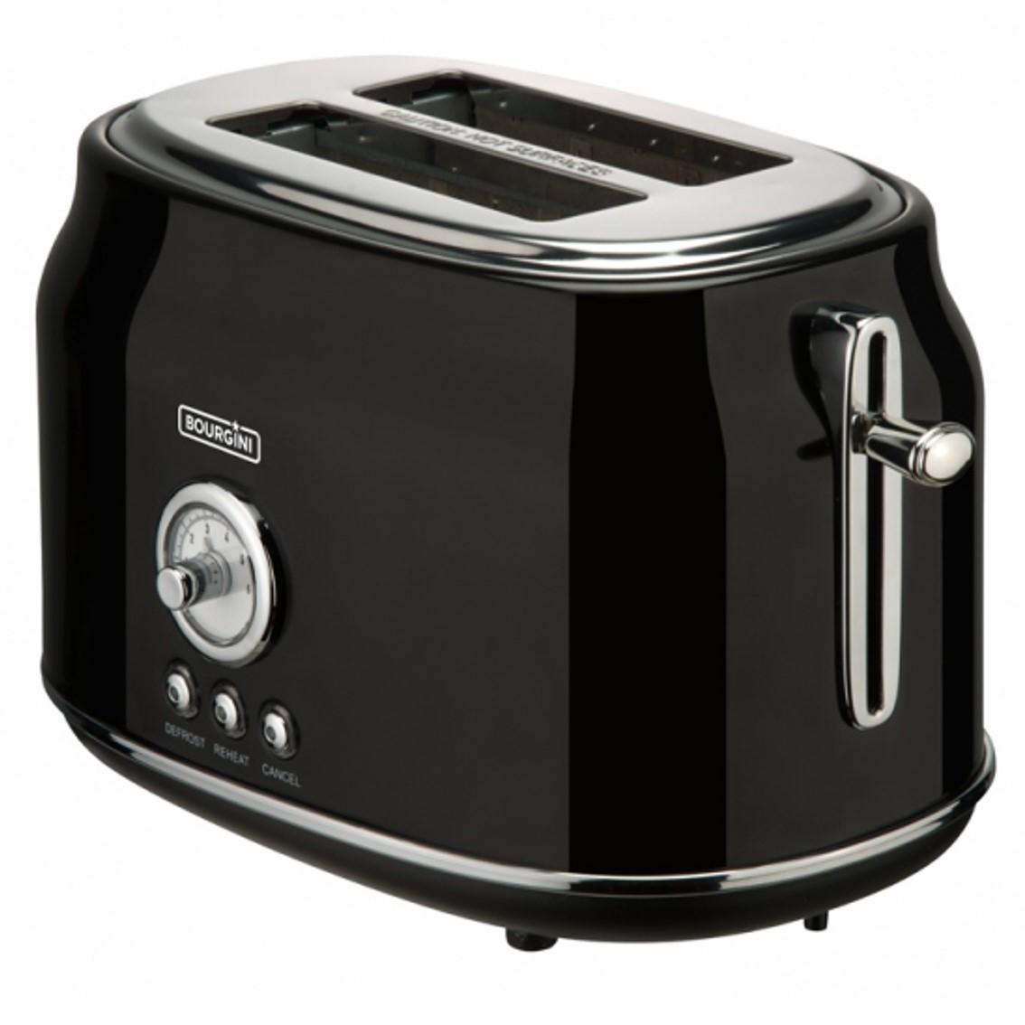 Bourgini Tostadora Pan Retro Negra 815 W, Acero Inoxidable, 2 Rebanadas, Nivel de Tostado Ajustable, Función Calentar y Descongelar, Diseño Retro