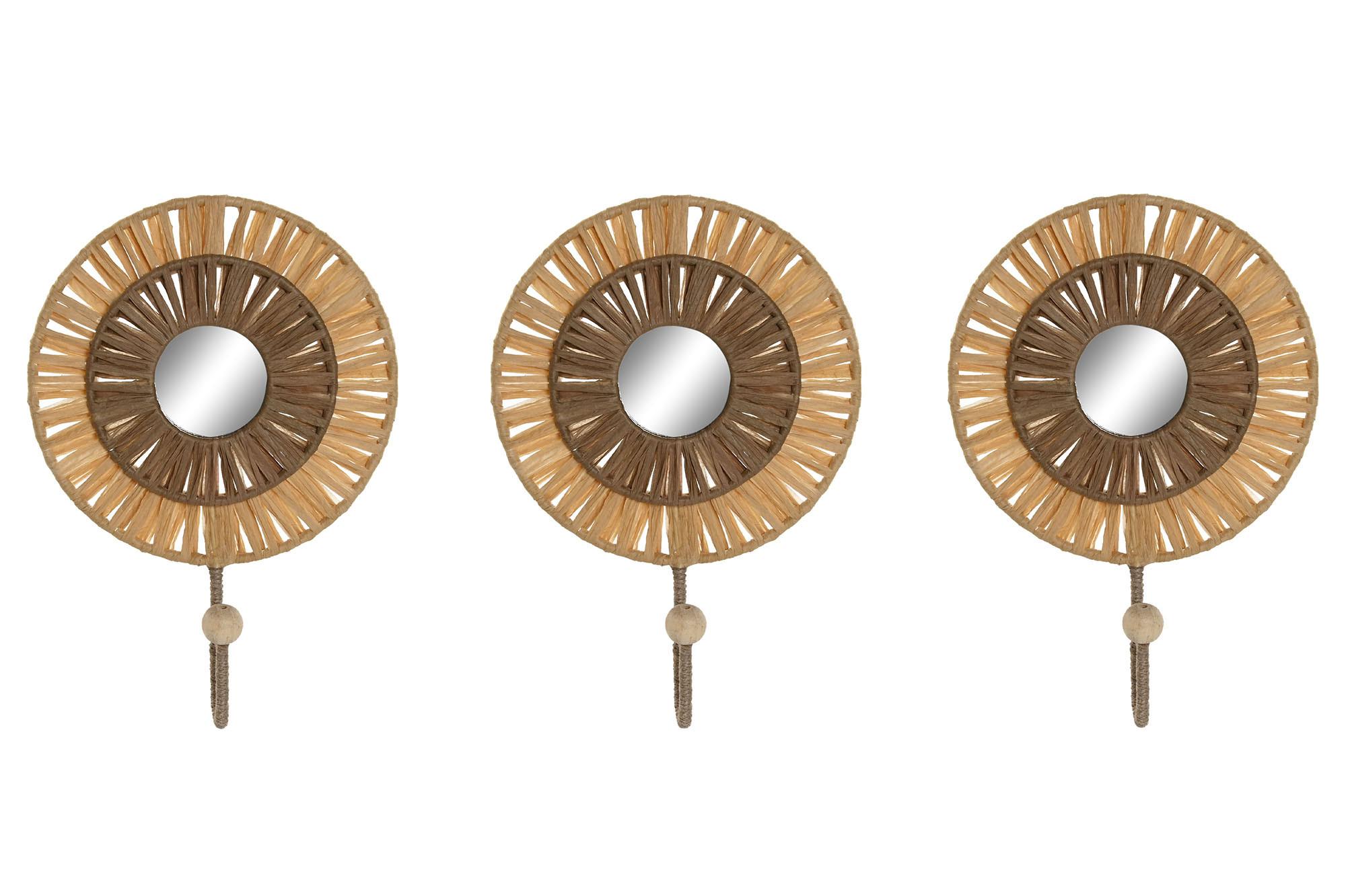 DKD Home Decor Perchero de Pared Boho de Rafia y Metal Color Natural 20 x 16 x 6 cm Set de 3 Piezas
