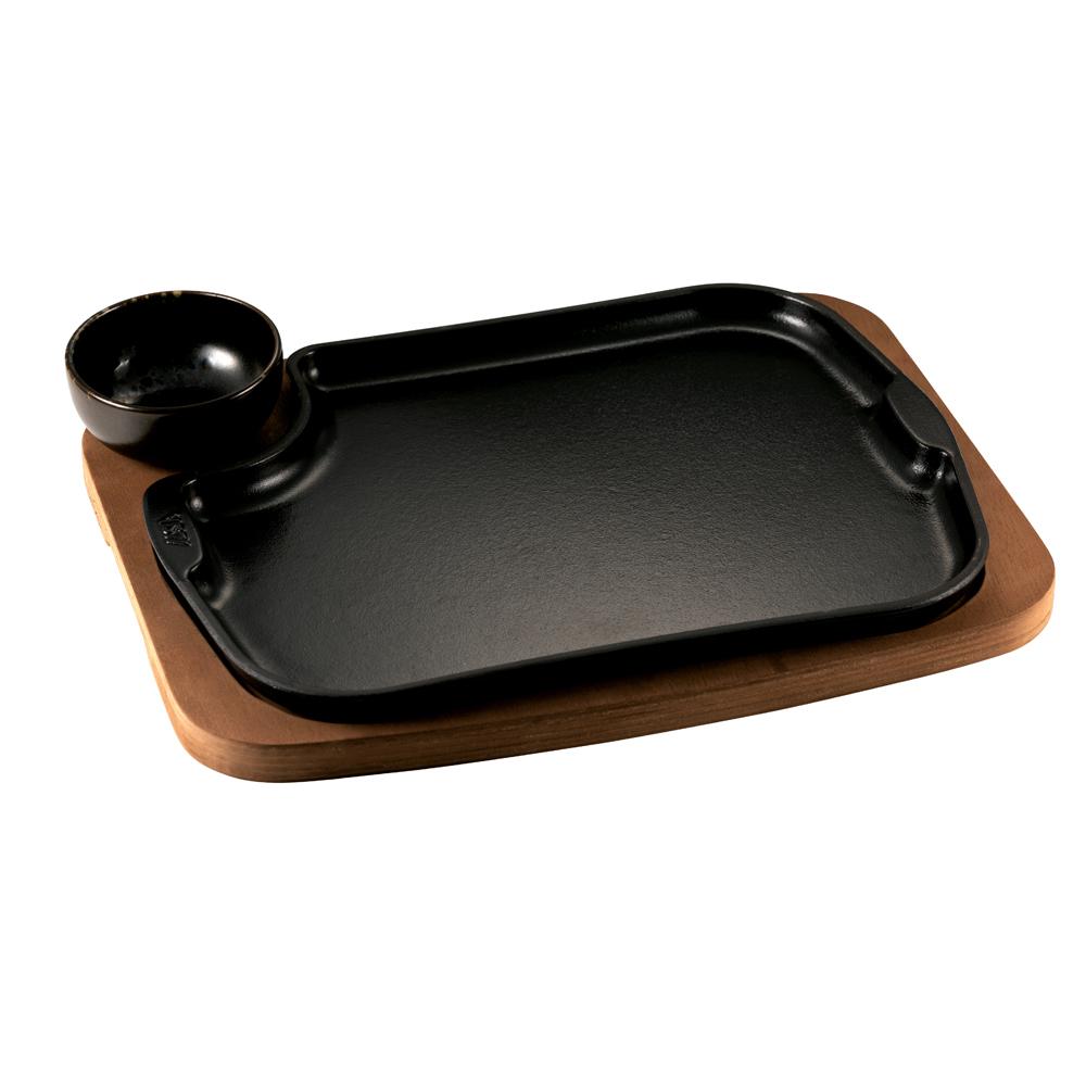 1946 Plato Rectangular de Servir Gourmet de Hierro Fundido Esmaltado 32x24 cm con Bandeja de Madera y Bol - Mantiene Caliente