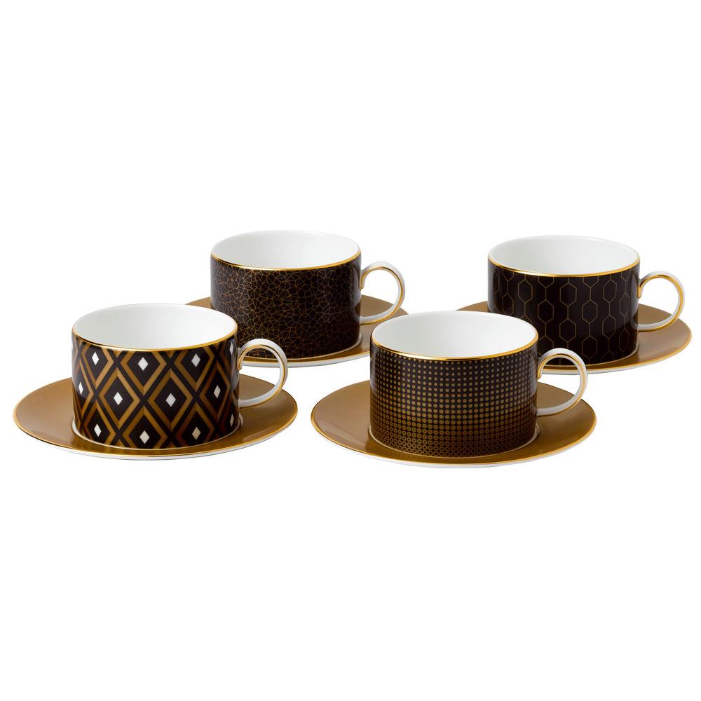 Wedgwood Set 4 Tazas de Té Arris-Gio Gold 180ml Negro y Dorado con 4 Diseños