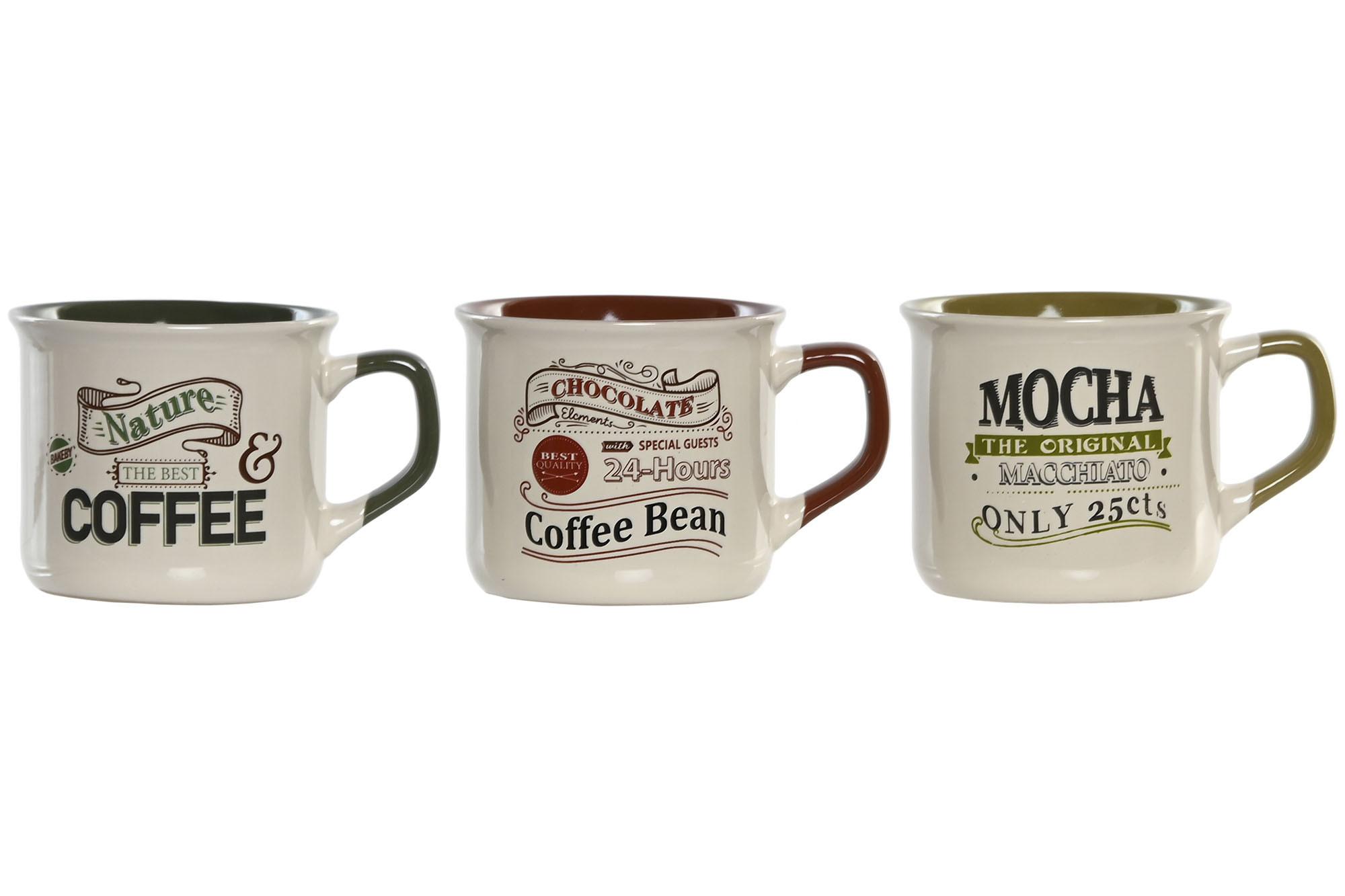 DKD Home Decor Taza de Gres Vintage 220ml, Apta Microondas y Lavavajillas, Verde Blanco Marrón Surtidas (12 Unidades). Dimensiones: 8.3x7x10.5cm.