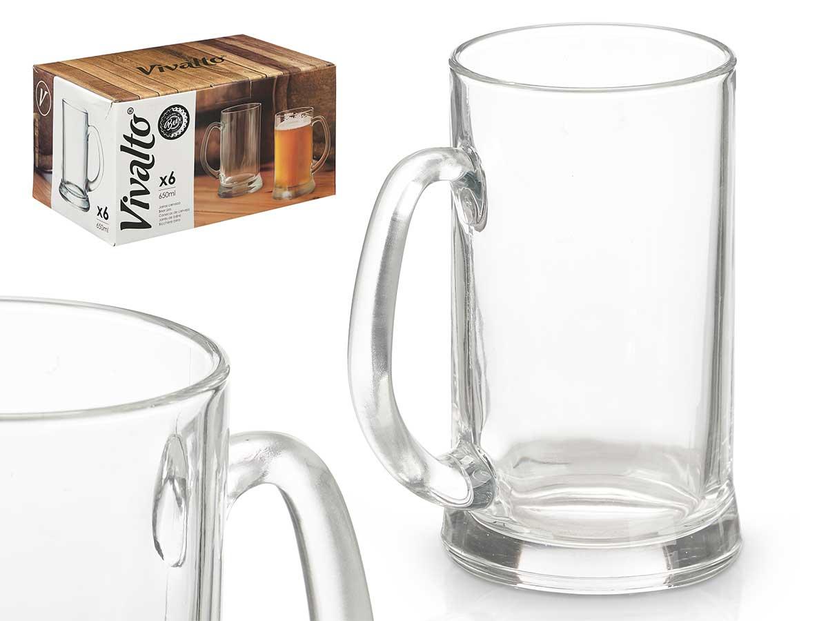 Vivalto Jarra de Cerveza de Vidrio 650 ml con Asa - 12x16x9.7 cm (18 Unidades)