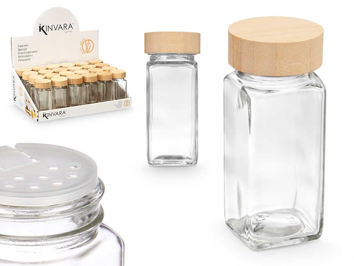 Kinvara Especiero con Tapa de Bambú 4.7x11x4.7 cm - Vidrio, Plástico PP, Bambú (48 Unidades)