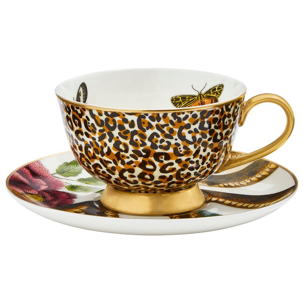 Spode Taza con Plato para Té 200 ml Diseño Leopardo y Serpiente Pintada a Mano con Oro 22K Colección Creatures of Curiosity