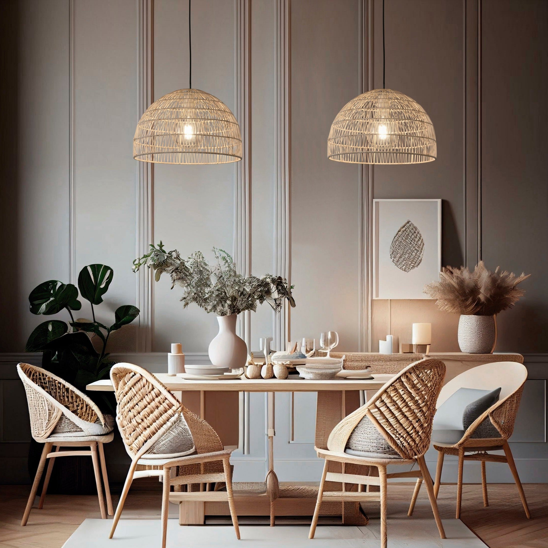 ACB Evens Lámpara de techo colgante 3930/40 Ratán Natural, Kit Blan. Text., LED E27 15W, C3930081NA