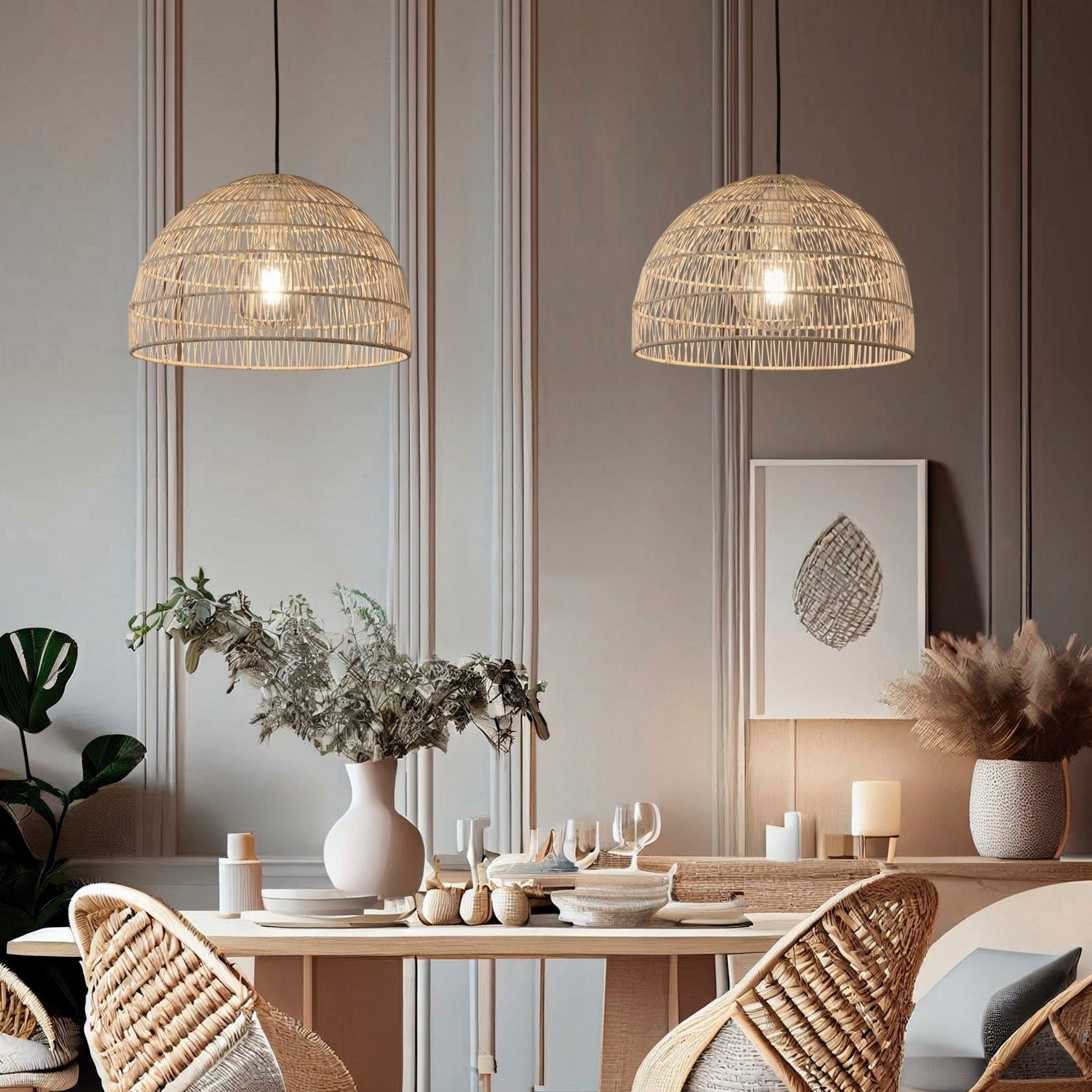 ACB Evens Lámpara de techo colgante 3930/40 Ratán Natural, Kit Negro Text., LED E27 15W, C3930082NA