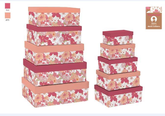 DKD Home Decor Caja Shabby de Cartón con Flores Fucsia, Melocotón y Blanco Set de 10 - 33.5x43.5x15.5 cm