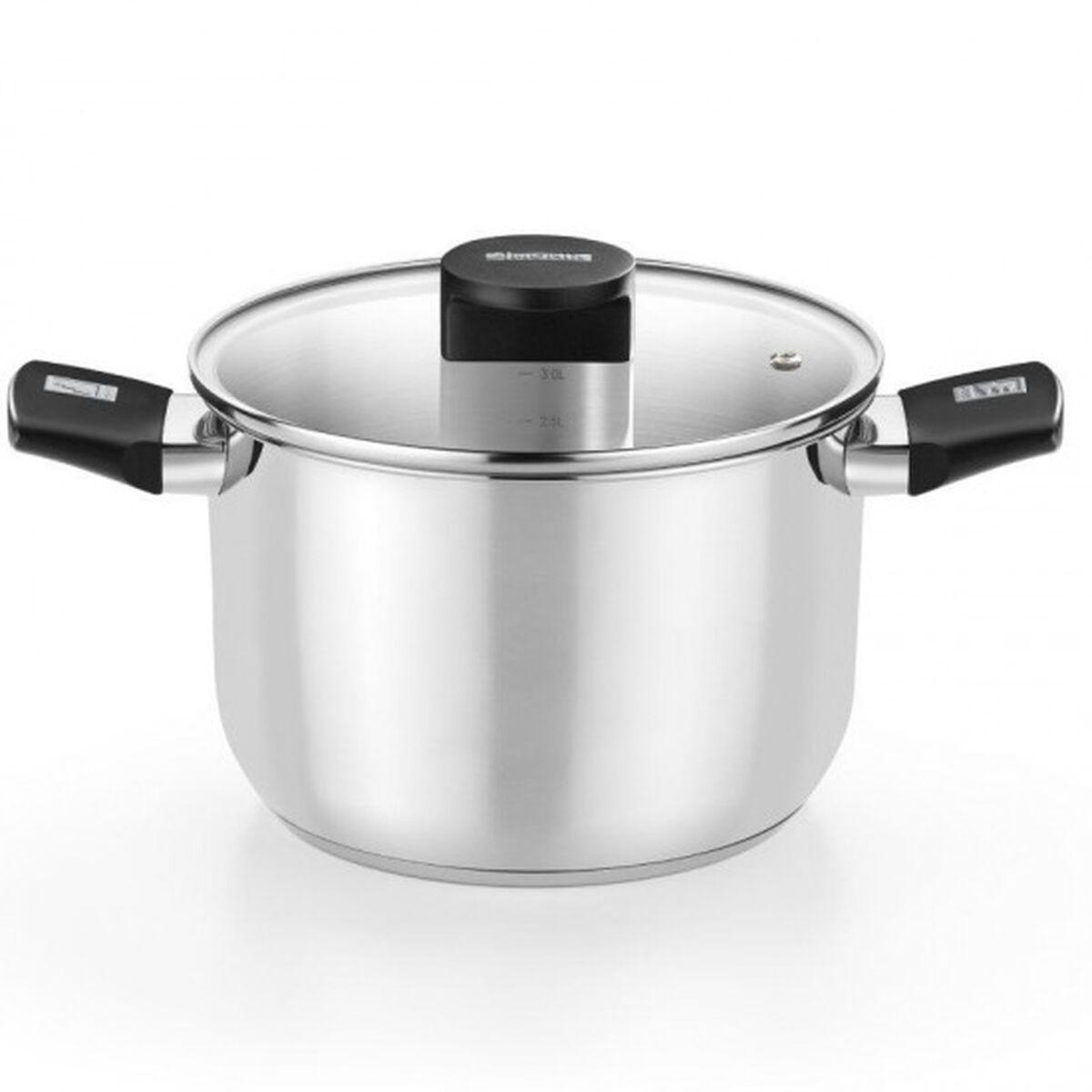 Monix M240230 Olla Elite 12L 30cm, Acero Inoxidable 18/10, Full Induction para Todo Tipo de Cocinas, Tapa de Vidrio y Asas Baquelita