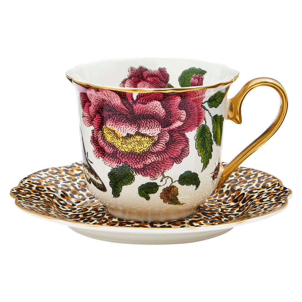 Spode Taza de Té con Plato 250 ml Colección Creatures of Curiosity Estampado Flores, Insectos y Leopardo, Asa Oro 22K