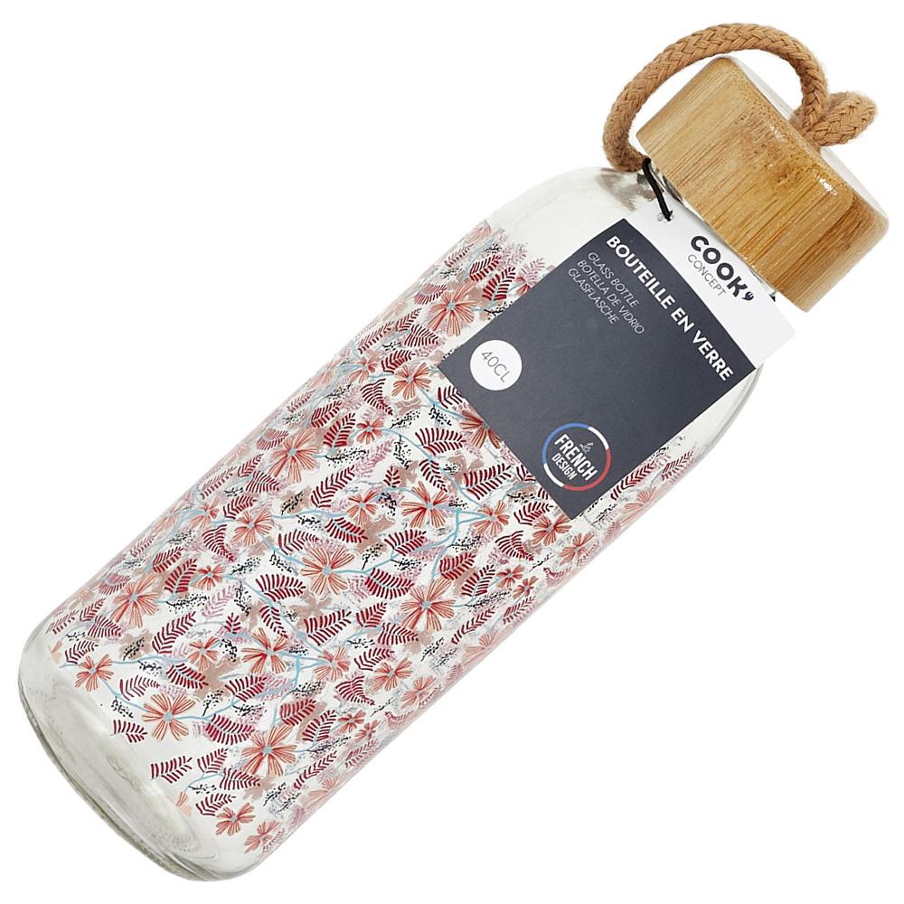 Cook Concept Botella de Cristal 400 ml con Tapón de Bambú y Correa - Diseños Surtidos