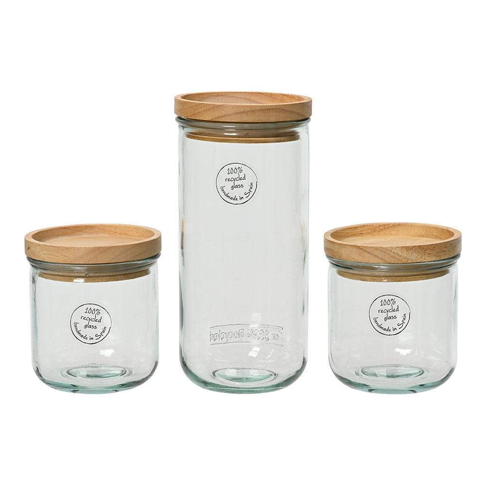 Set de 3 tarros de almacenamiento de cristal reciclado con tapa de madera 869702