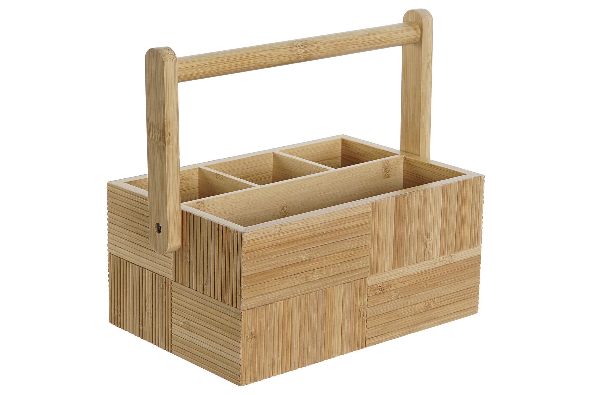 DKD Home Decor Cubertero Organizador Línea Básicos de Bambú Natural con Asa, 27x16.5x11.5 cm (Ancho x Fondo x Alto)