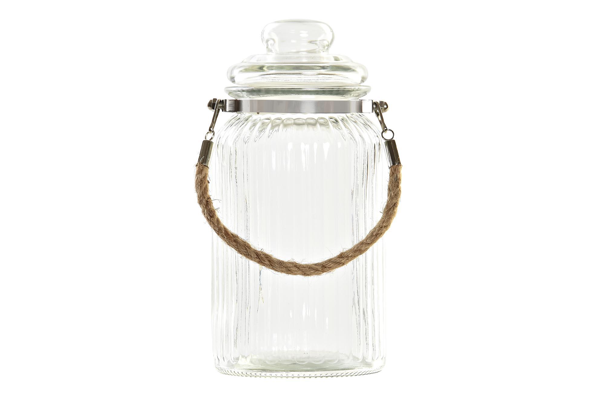 DKD Home Decor Bote Básico de Cristal Transparente y Natural 1,3L con Tapa Inox y Cuerda, 11x11x22,5 cm, Pack de 12 Unidades