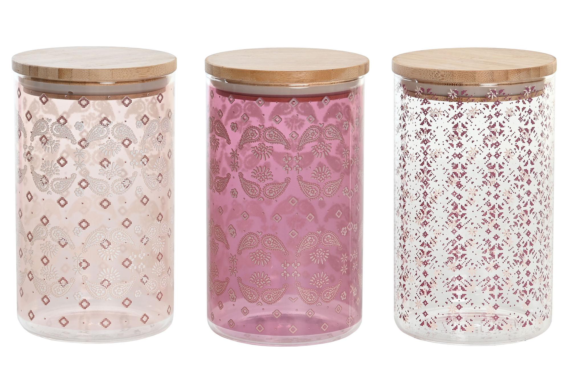 DKD Home Decor Bote Almacenamiento Hermético 1L Borosilicato Bambú Scandi Rosa Blanco, Microondas y Lavavajillas, 10x17x10cm (Pack 12)