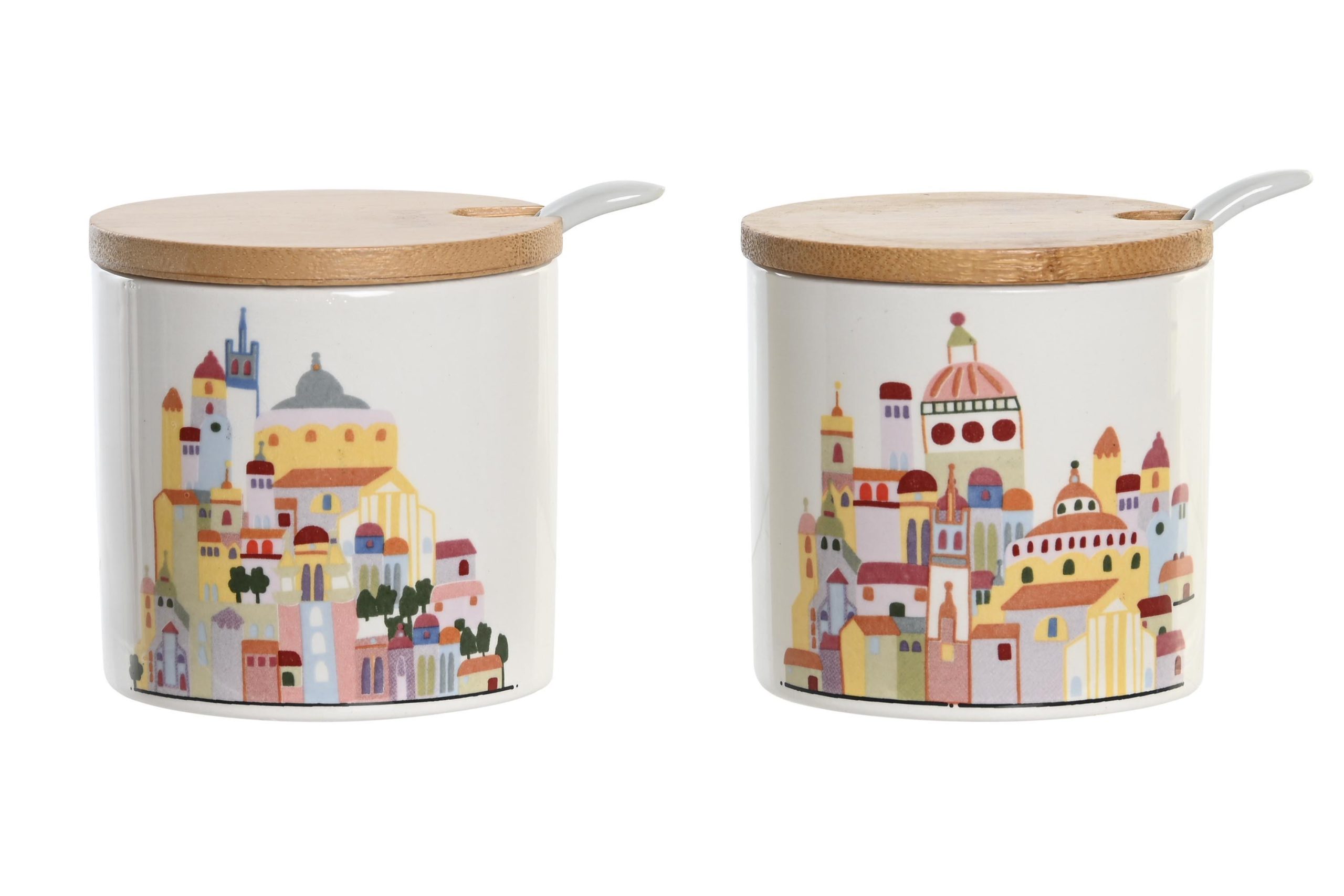 DKD Home Decor Azucarero Cottage, 4 Unidades, Multicolor, Dolomite y Bambú, 7.5x7.5x7.5 cm, Apto Microondas y Lavavajillas