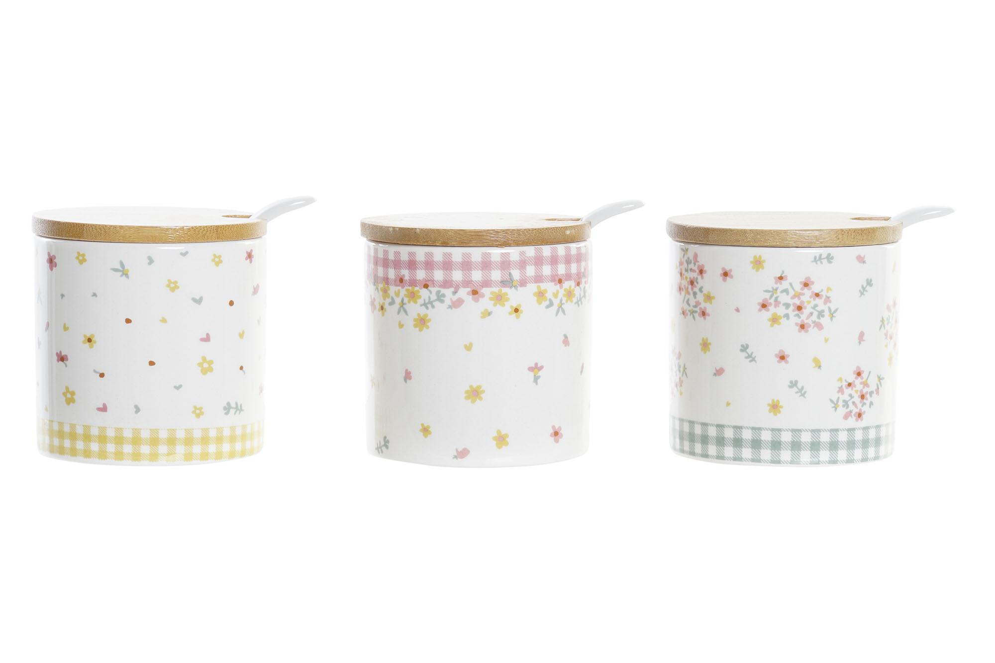 DKD Home Decor Azucarero Shabby Chic Vichy Dolomita y Bambú 7.5x7.5x7.5 cm Pack 6 Unidades Surtidas Apto Microondas Lavavajillas