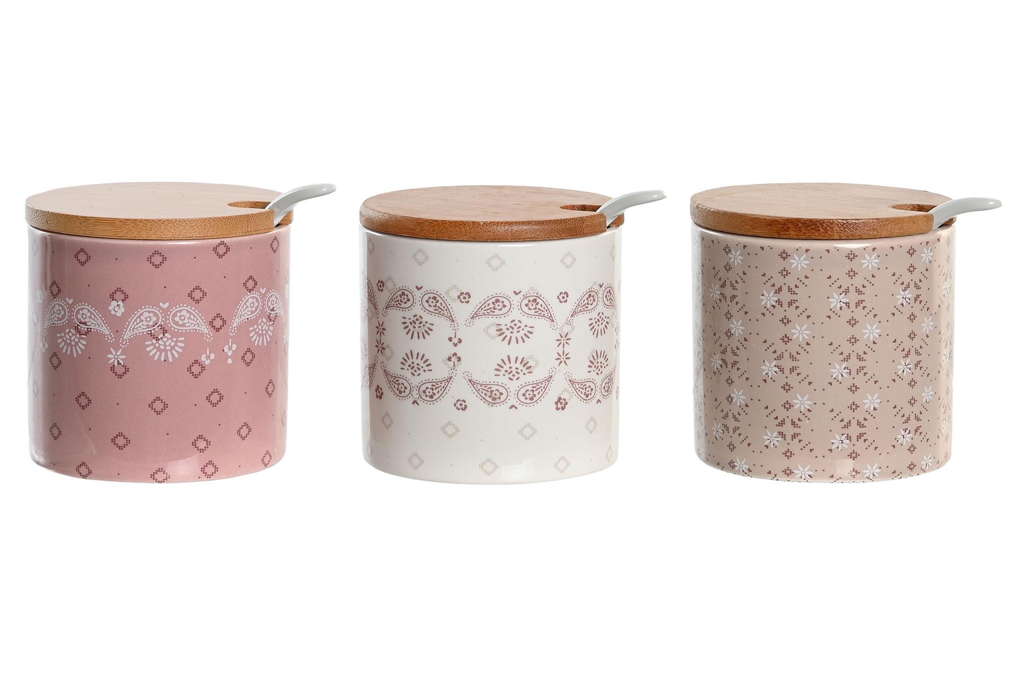 DKD Home Decor Azucarero Scandi Colección Pixel Love Rosa Blanco Dolomite Bambú 7.5x7.5x7.5 cm - Set de 6 Unidades