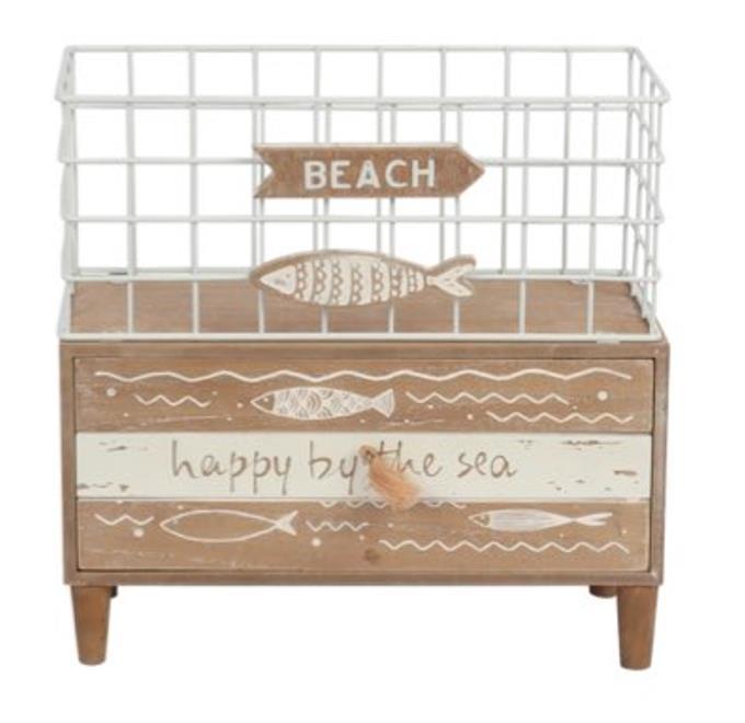 DKD Home Decor Joyero Mediterraneo Colección Pollença Marrón Blanco con Peces, Madera y Metal, 26.5x10.5x28.5 cm