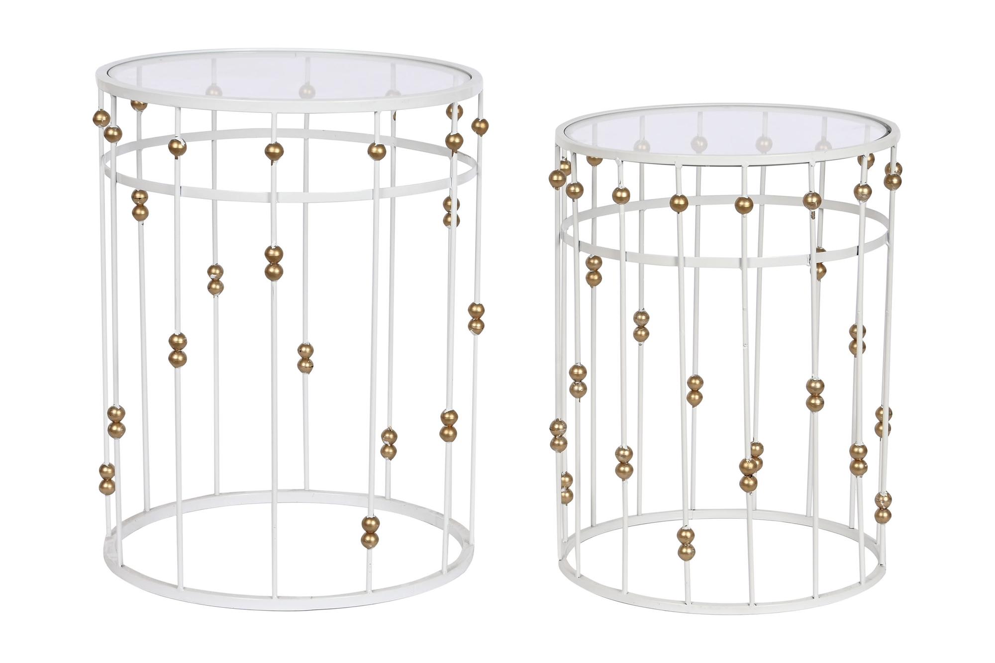 DKD Home Decor Mesita Auxiliar Glam de Metal y Cristal Blanco Dorado 42x42x55 cm Set de 2