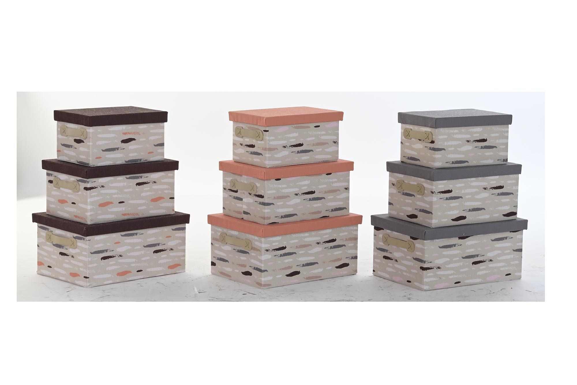 DKD Home Decor Set de 3 Cajas de Almacenaje Poliéster Básicos Surtidas 40x30x20 cm en Gris, Burdeos y Naranja