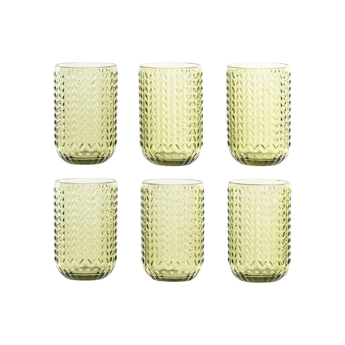 DKD Home Decor Vaso Basicos de Cristal Verde, Set de 6, 420ml, Relieve Espiga, Apto Microondas y Lavavajillas.