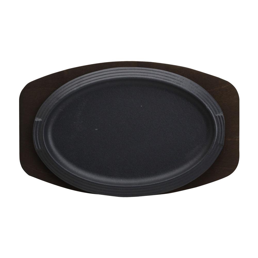 1946 Plato Oval Hierro Fundido para Plancha, con Bandeja Madera Oscura - Plato 28x19 cm / Total 31.5x19.5 cm