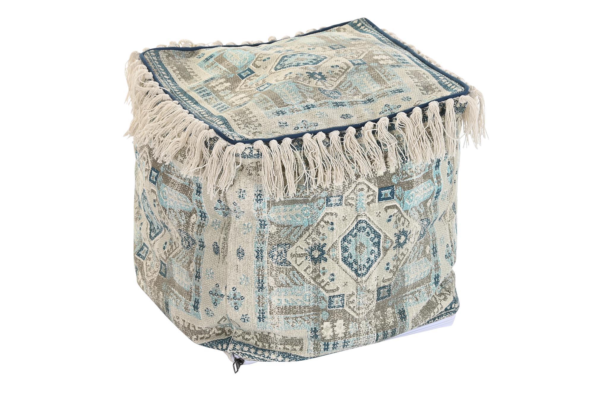 DKD Home Decor Cojín de Suelo Casablanca Azul Beige 40x40x40 cm de Poliéster con Cremallera y Flecos Hecho a Mano