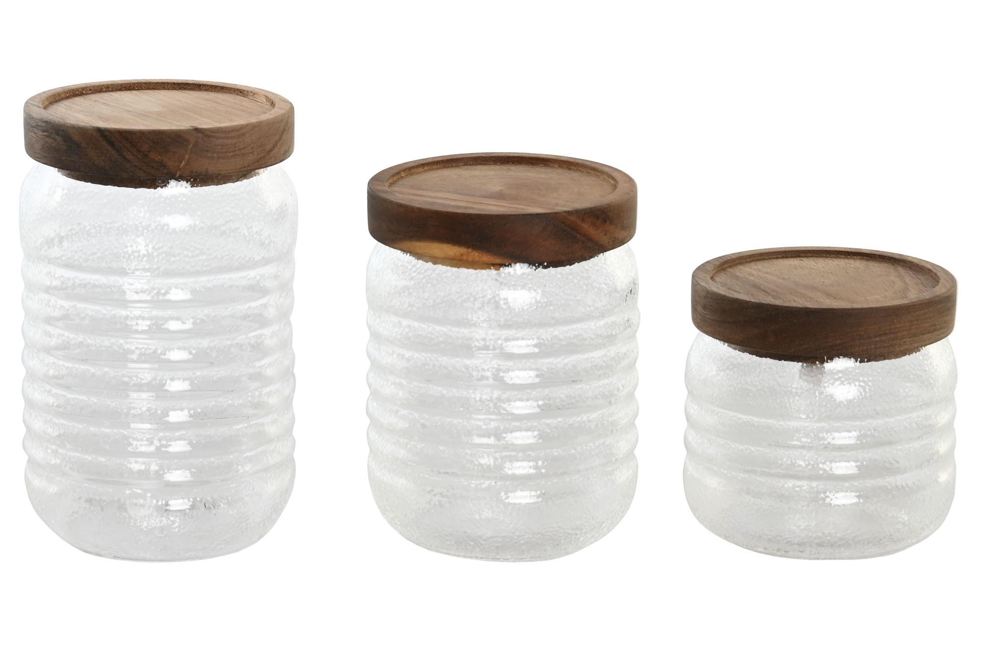DKD Home Decor 500/300 Bote para Almacenamiento Set de 3 de Cristal y Madera de Acacia 700ml Cierre Hermético Transparente Natural