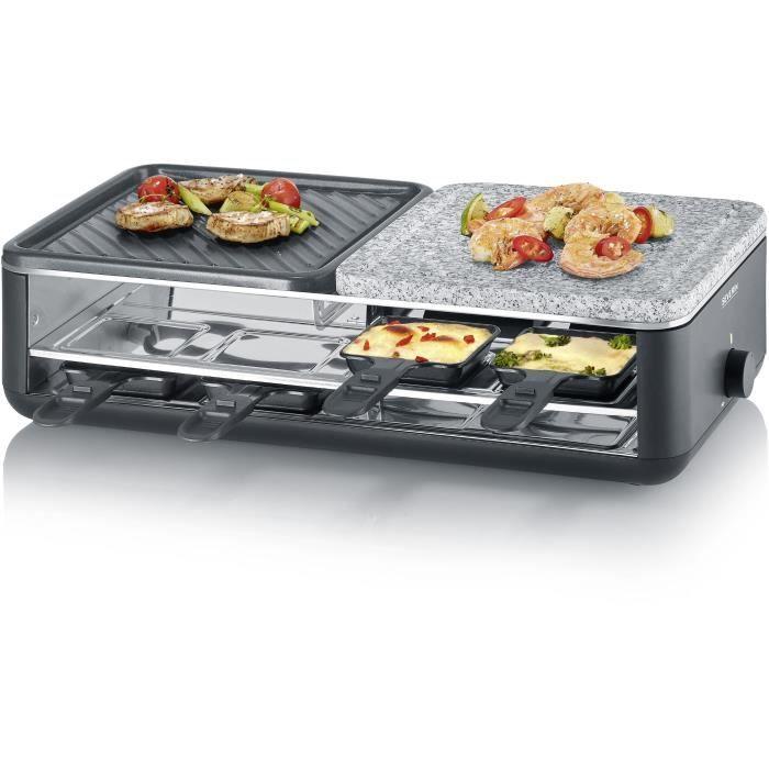 Severin RG2366 Parrilla Raclette 8 Personas con Placa Reversible de Piedra Natural y 8 Sartenes Negra
