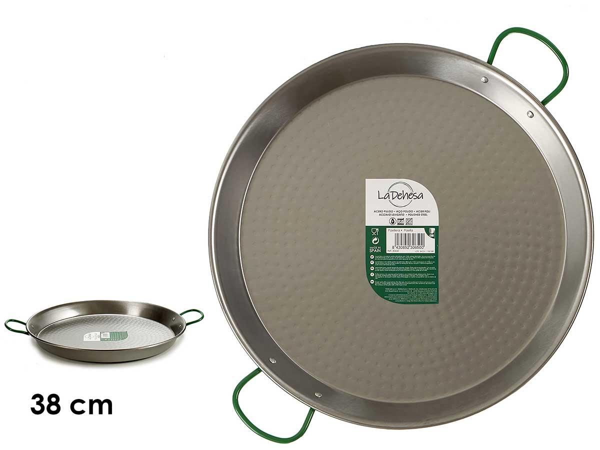 La Dehesa Paellera Pulida 38 cm 8 Raciones, Acero Pulido, 2 Asas, Apto Gas y Leña (6 Unidades)