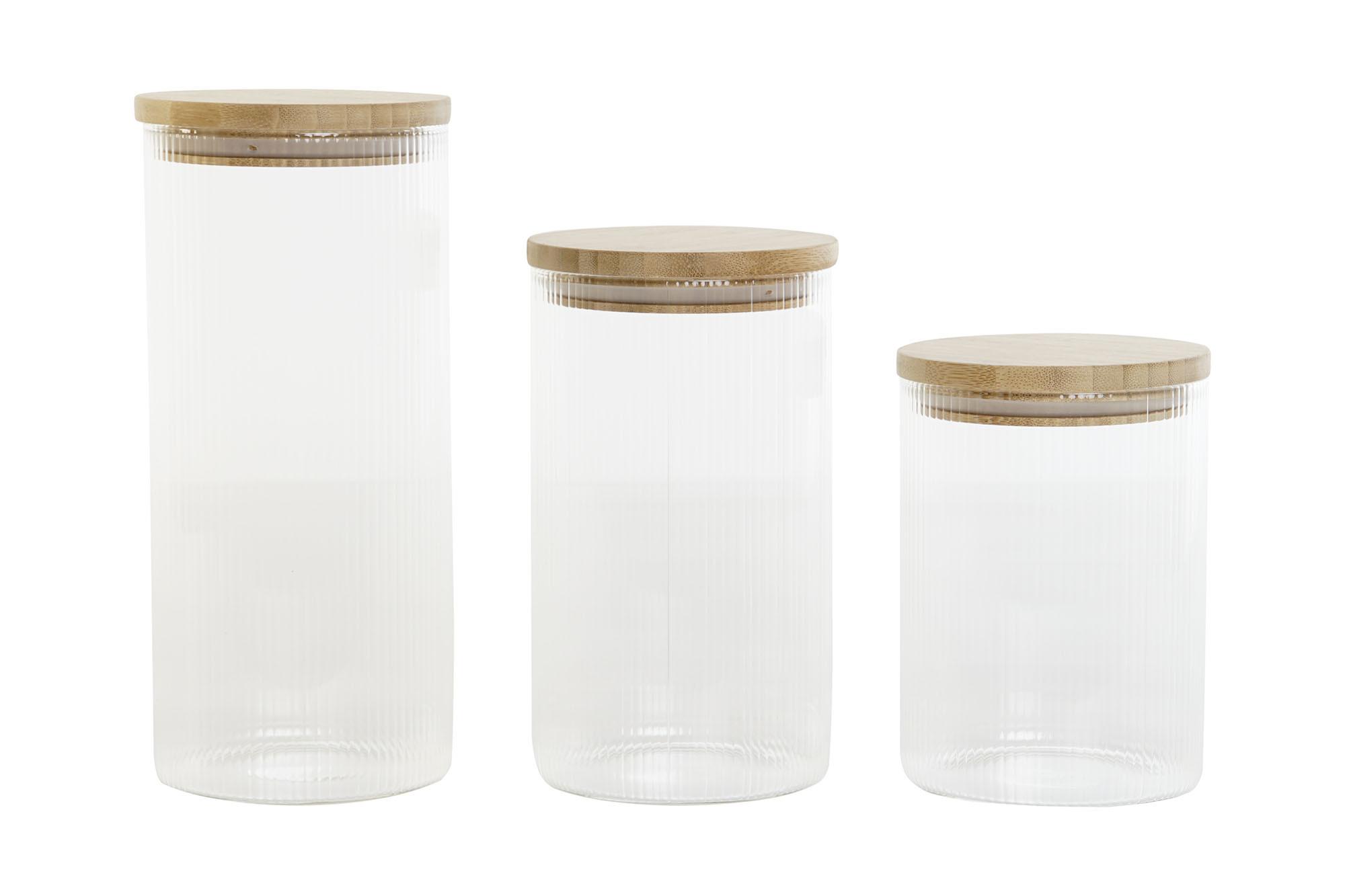 DKD Home Decor Botes Herméticos de Borosilicato y Bambú Set de 3 Transparente/Natural 1400ml, 1100ml y 850ml Apto Lavavajillas