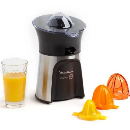 Moulinex PC603D10 Exprimidor Eléctrico de Cítricos Vitapress Direct Serve 100W Acero Inoxidable con 3 Conos, Antigoteo y Filtro de Pulpa