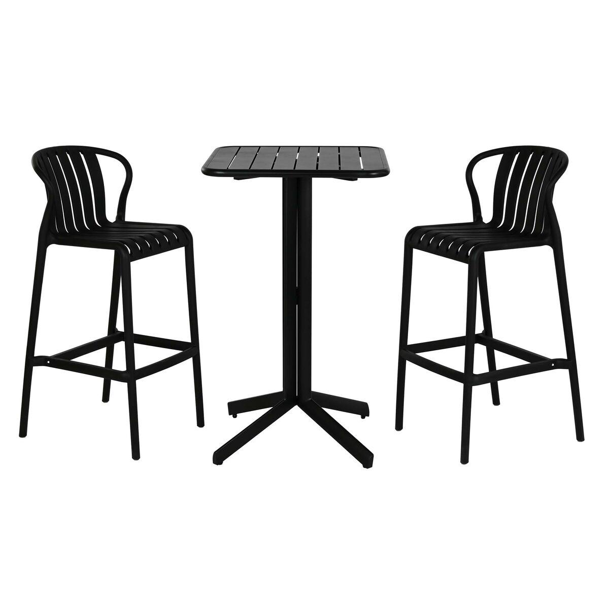 DKD Home Decor Set Mesa Bar y 2 Taburetes Terraza Jardín Exterior Negro PP Metal 60x102x60 cm (3 Piezas)