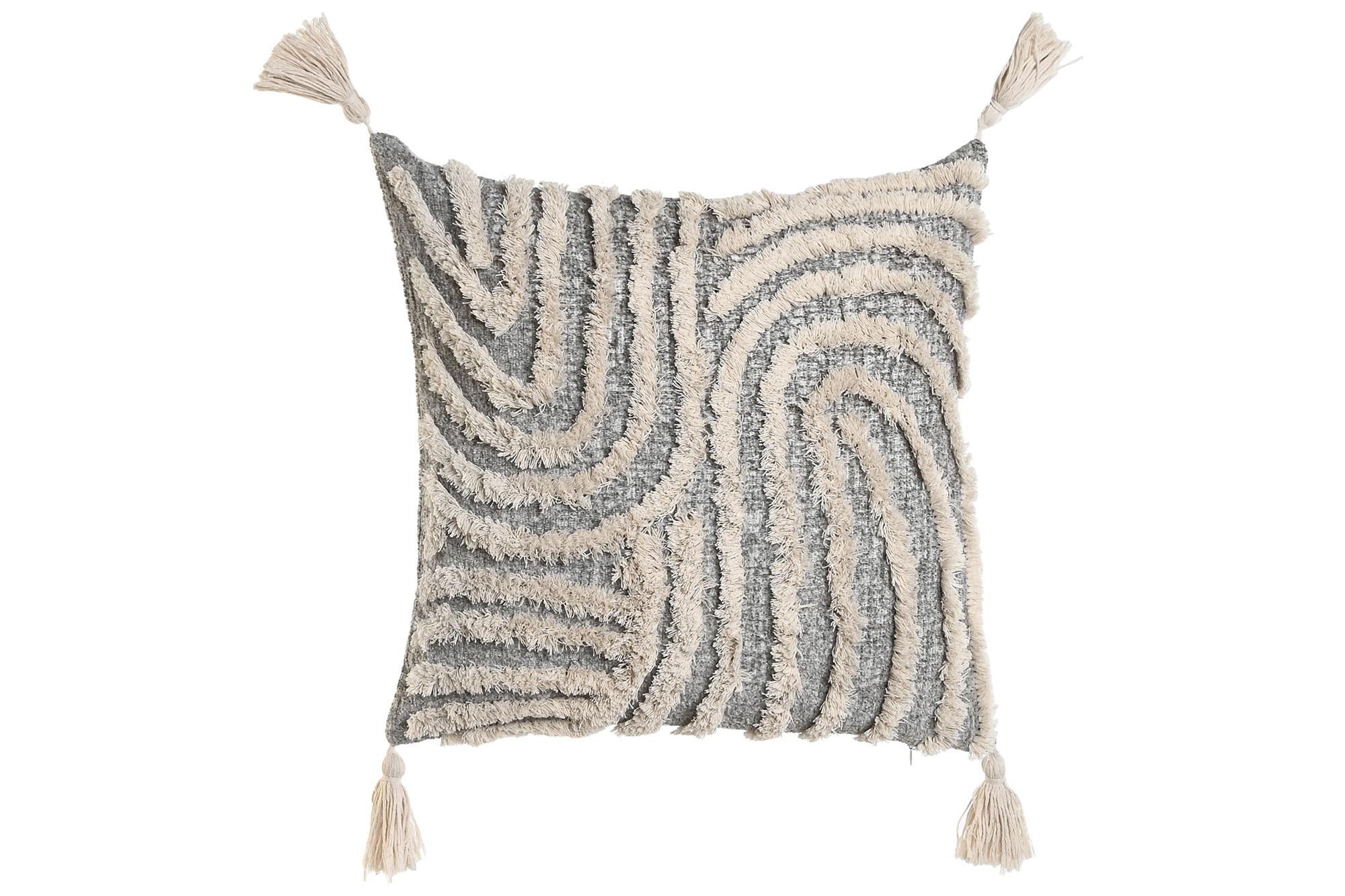 DKD Home Decor Cojín Decorativo Boho Bordado Relief23 45x45x15 cm Gris Blanco con Borlas y Cremallera, de Poliéster y Algodón