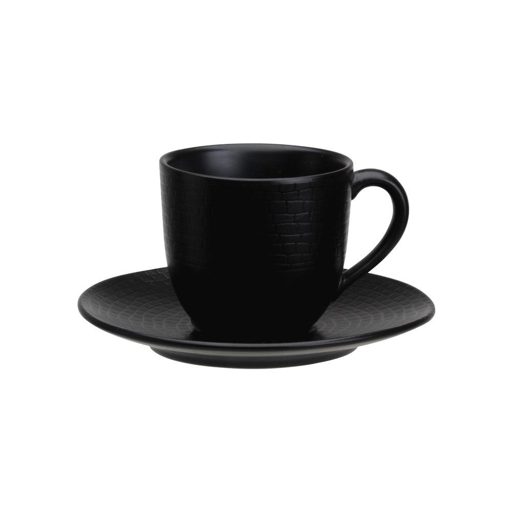 Avet Taza Café con Plato 120ml Negro Semi Mate con Relieve Adoquines - Set de 6 Colección Lohan Black