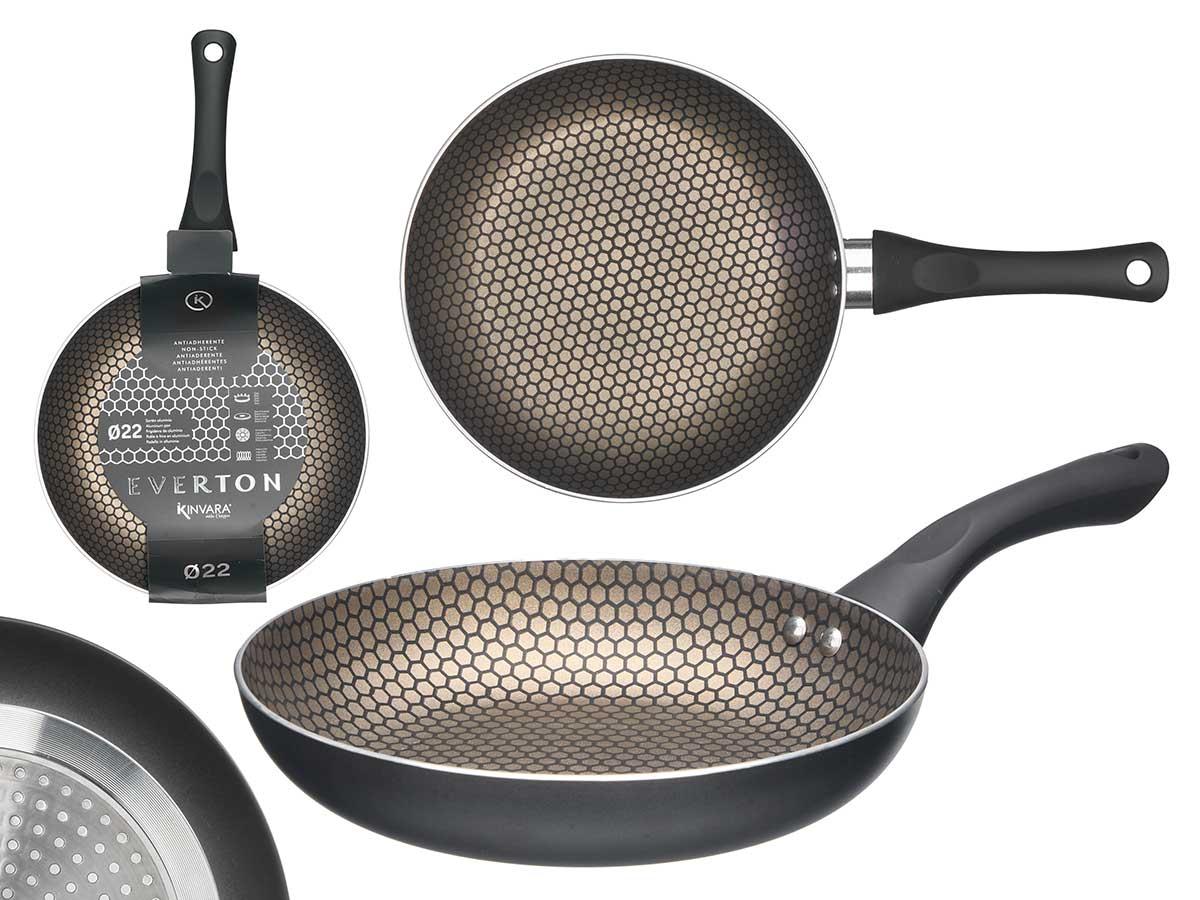 Kinvara Sarten Antiadherente Induccion Panel Abeja 22 cm, Negra de Aluminio, Grosor 2.5 mm y Mango Soft Touch (6 Unidades)